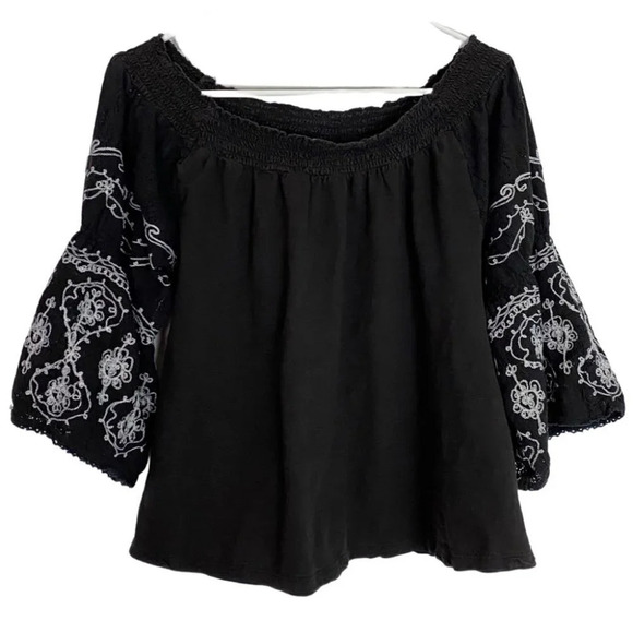 Free People Off Shoulder Embroidered Jersey Blouse Small Lace Bell Half Sleeve - Picture 1 of 11